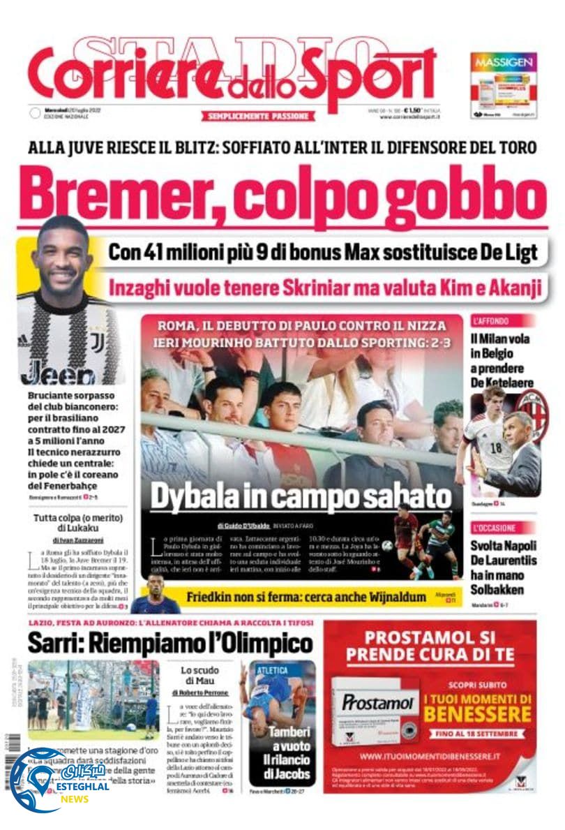 روزنامه ورزشی کوریره دلو اسپورت چهارشنبه 29 تیر 1401