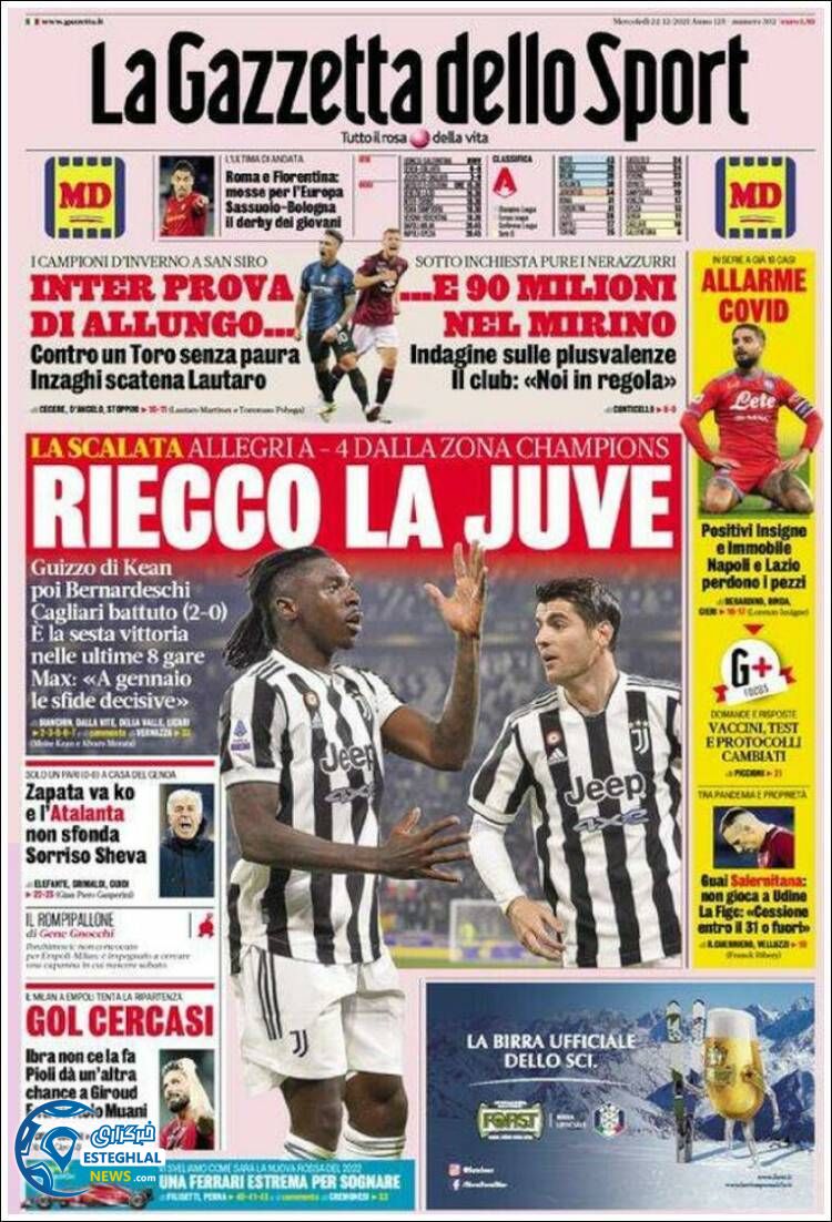 روزنامه ورزشی گاتزتا دلو اسپورت چهارشنبه 1 دی 1400