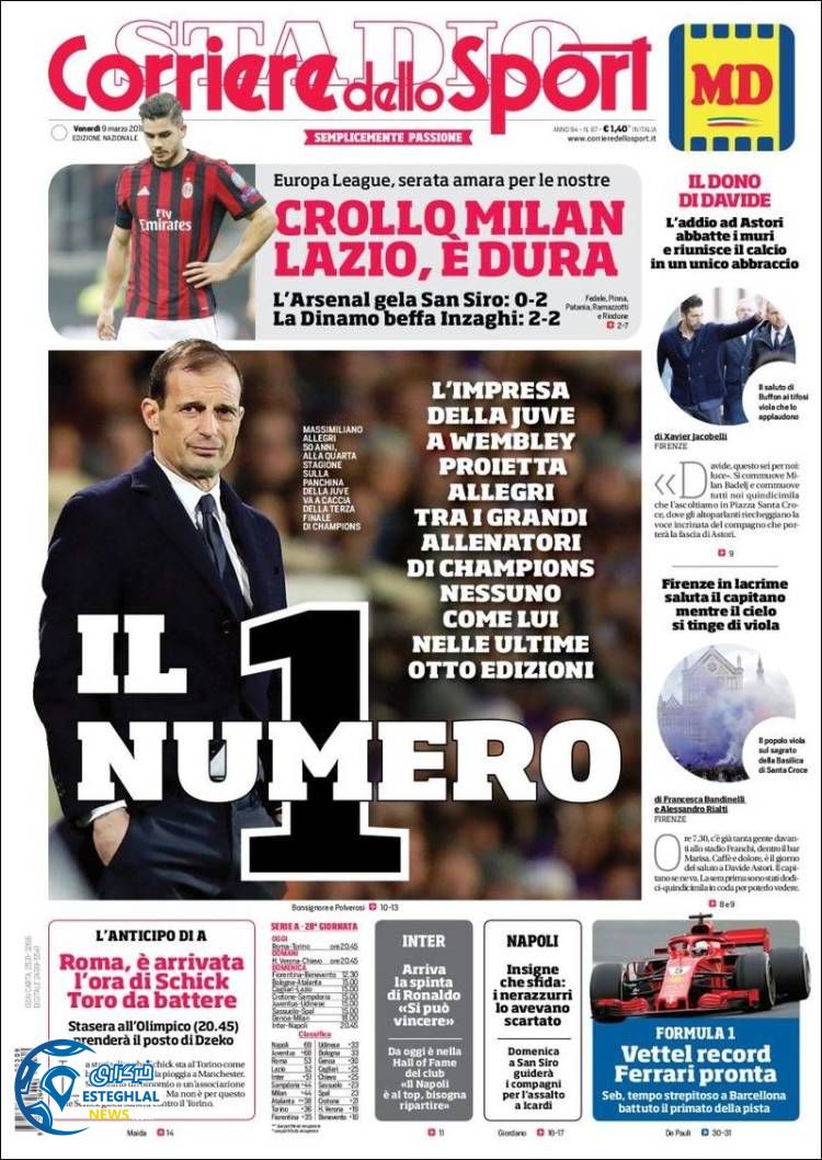 روزنامه ورزشی کوریره دلو اسپورت جمعه 18 اسفند 1396