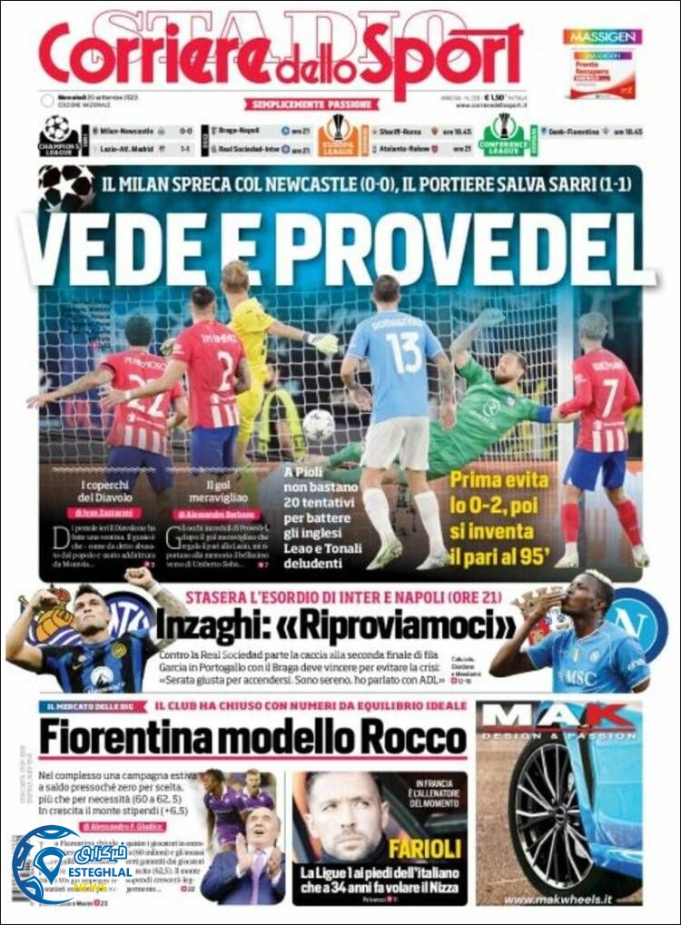 روزنامه ورزشی کوریره دلو اسپورت چهارشنبه 29 شهریور 1402