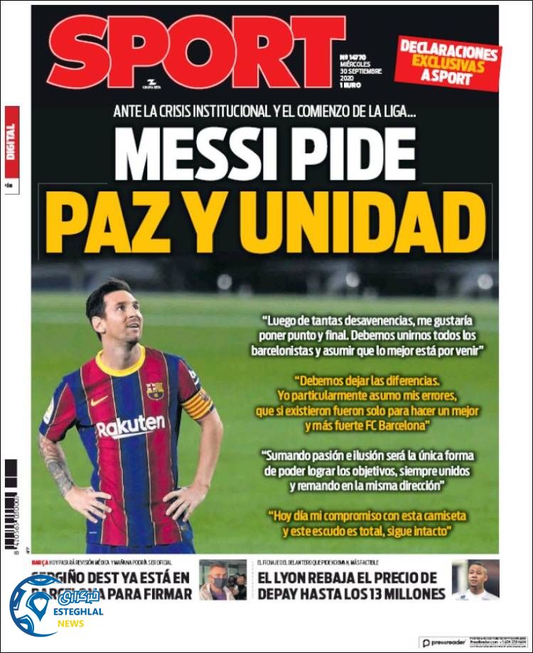 روزنامه ورزشی اسپورت چهارشنبه 9 مهر 1399