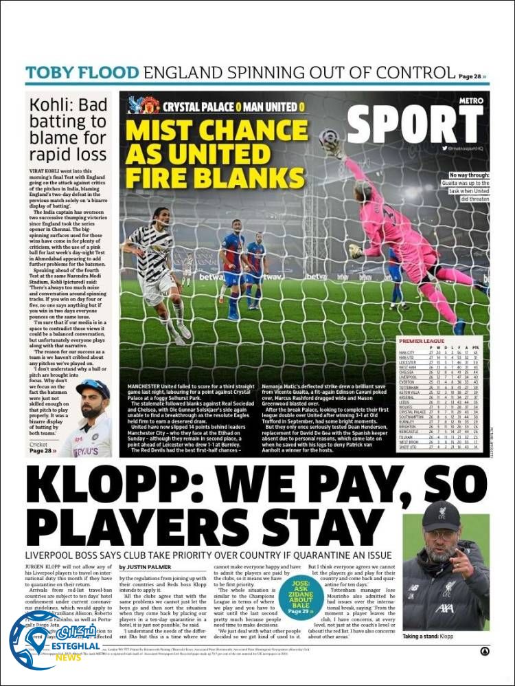 روزنامه ورزشی مترو اسپورت پنجشنبه 14 اسفند 1399