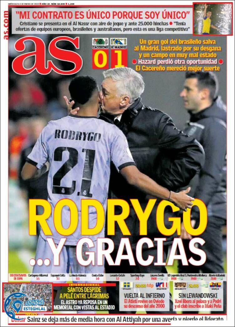 روزنامه  ورزشی آ اس چهارشنبه 14 دی 1401