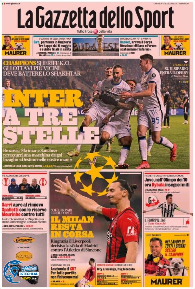 روزنامه ورزشی گاتزتا دلو اسپورت پنجشنبه 13 آبان 1400