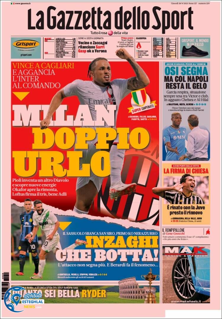 روزنامه ورزشی گاتزتا دلو اسپورت پنجشنبه 6 مهر 1402