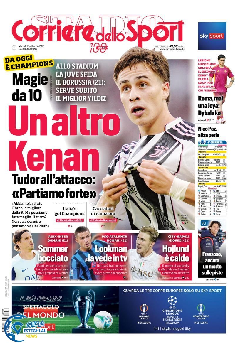 روزنامه ورزشی کوریره دلو اسپورت سه شنبه 25 شهریور 1404  