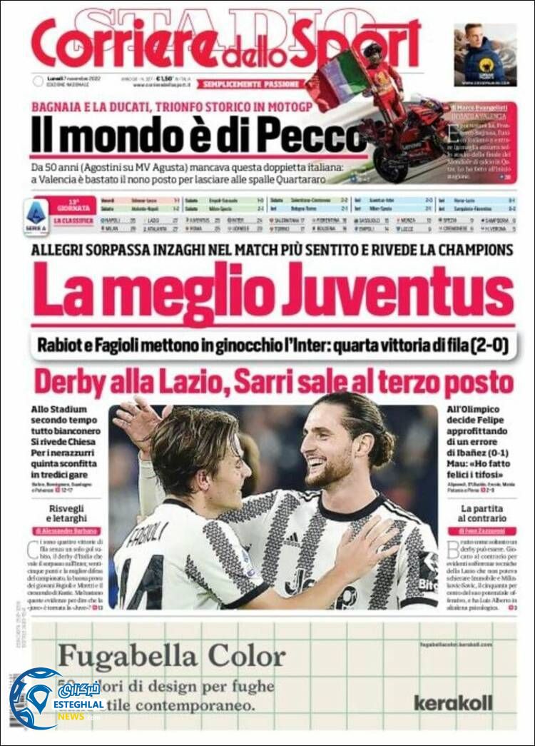 روزنامه  ورزشی کوریره دلو اسپورت دوشنبه 16 آبان 1401 