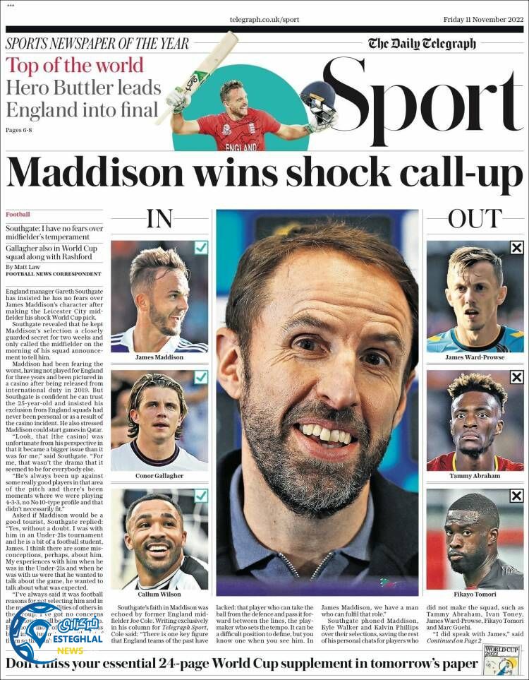 روزنامه ورزشی تلگراف اسپورت جمعه 20 آبان 1401 