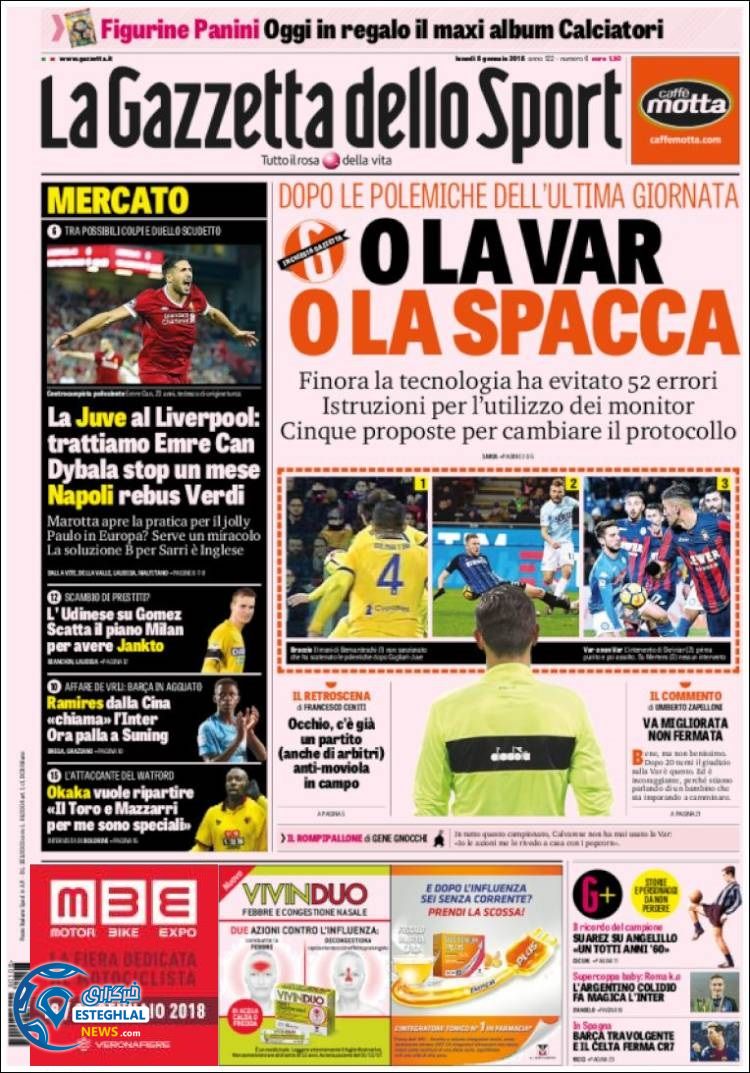 روزنامه گاتزتا دلو اسپورت دوشنبه 18 دی 1396