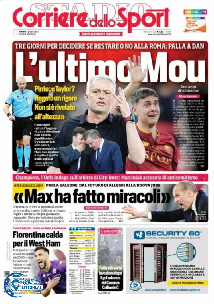 روزنامه ورزشی کوریره دلو اسپورت جمعه 12 خرداد 1402 