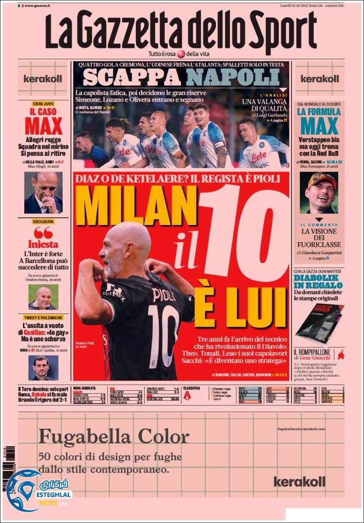 روزنامه ورزشی گاتزتا دلو اسپورت دوشنبه 18 مهر 1401 