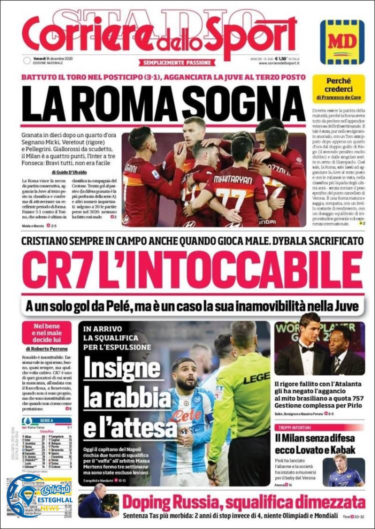 روزنامه ورزشی کوریره دلو اسپورت جمعه 28 آذر 1399