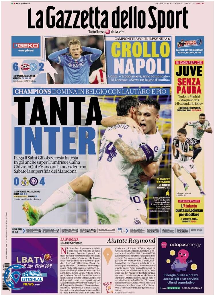 روزنامه ورزشی گاتزتا دلو اسپورت چهارشنبه 30 مهر 1404  