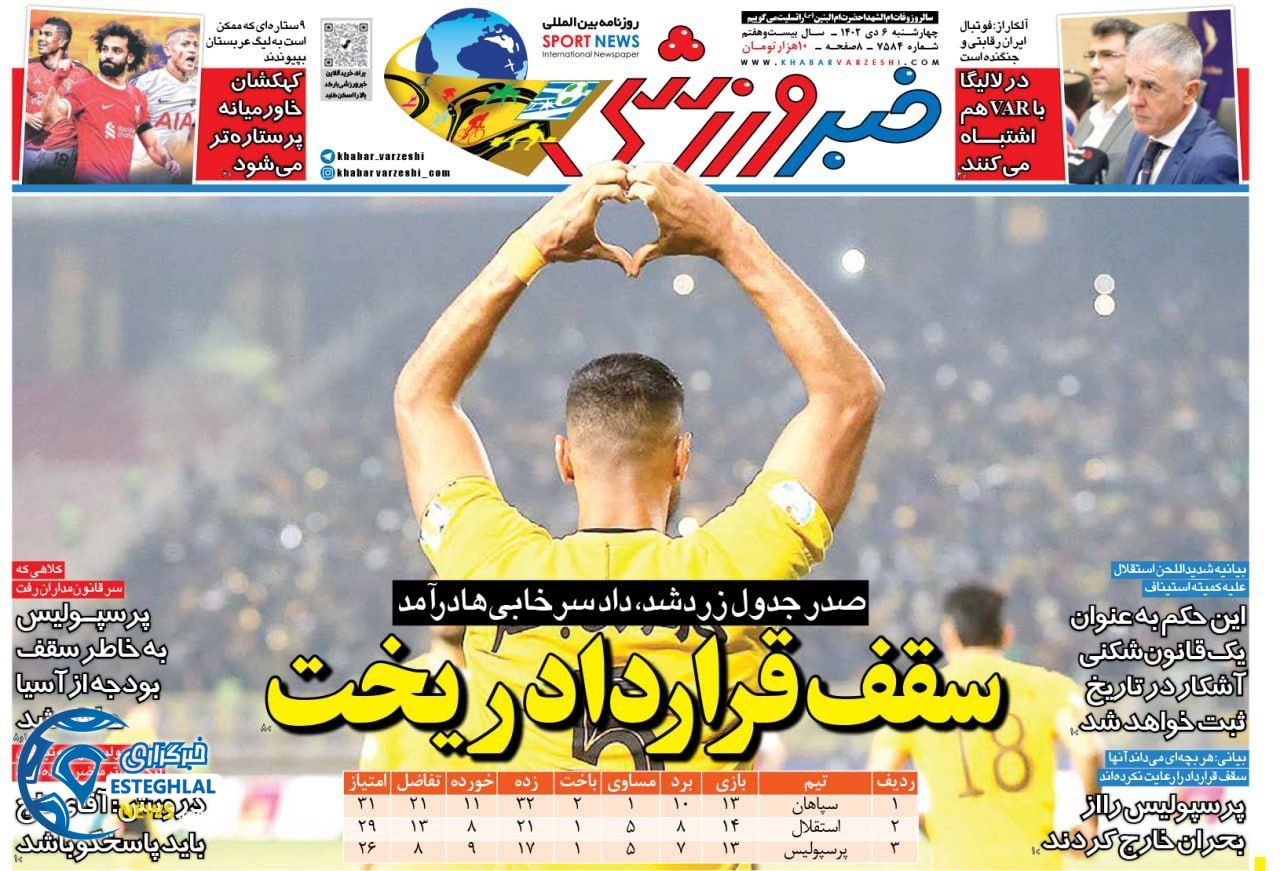 روزنامه خبر ورزشی چهارشنبه 6 دی 1402     