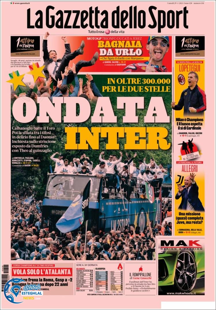 روزنامه ورزشی گاتزتا دلو اسپورت دوشنبه 10 اردیبهشت 1403 