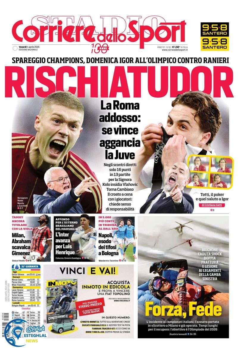 روزنامه ورزشی کوریره دلو اسپورت جمعه 15 فروردین 1404 