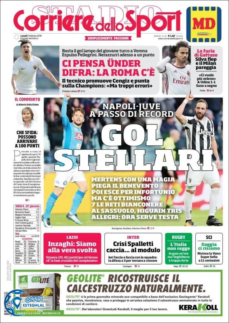 روزنامه ورزشی کوریره دلو اسپورت دوشنبه 16 بهمن 1396