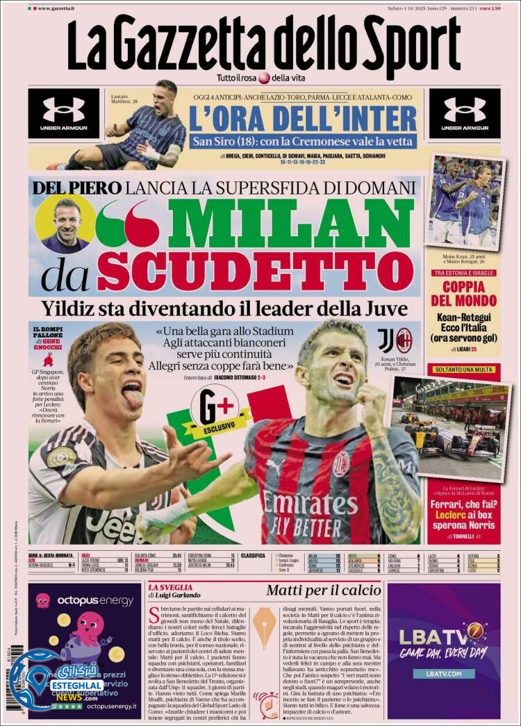 روزنامه ورزشی گاتزتا دلو اسپورت شنبه 12 مهر 1404 