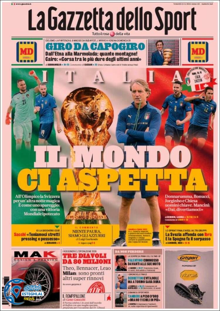 روزنامه ورزشی گاتزتا دلو اسپورت جمعه 21 آبان 1400