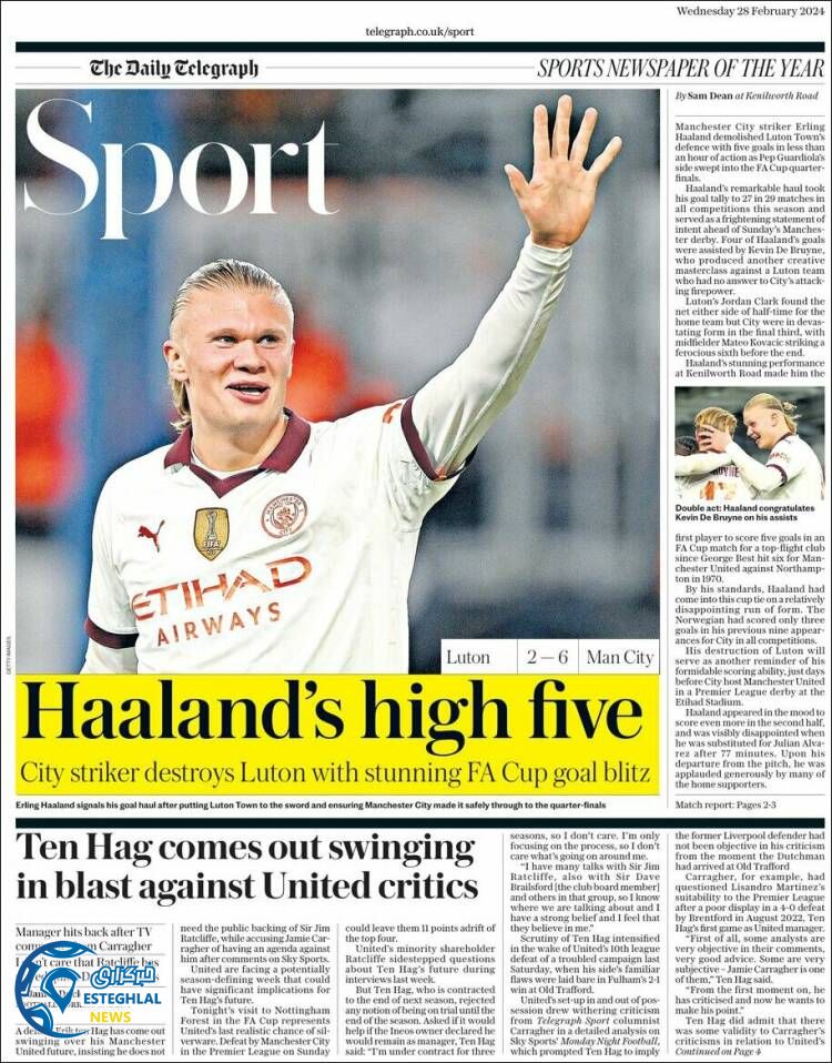 روزنامه  ورزشی تلگراف اسپورت چهارشنبه 9 اسفند 1402 