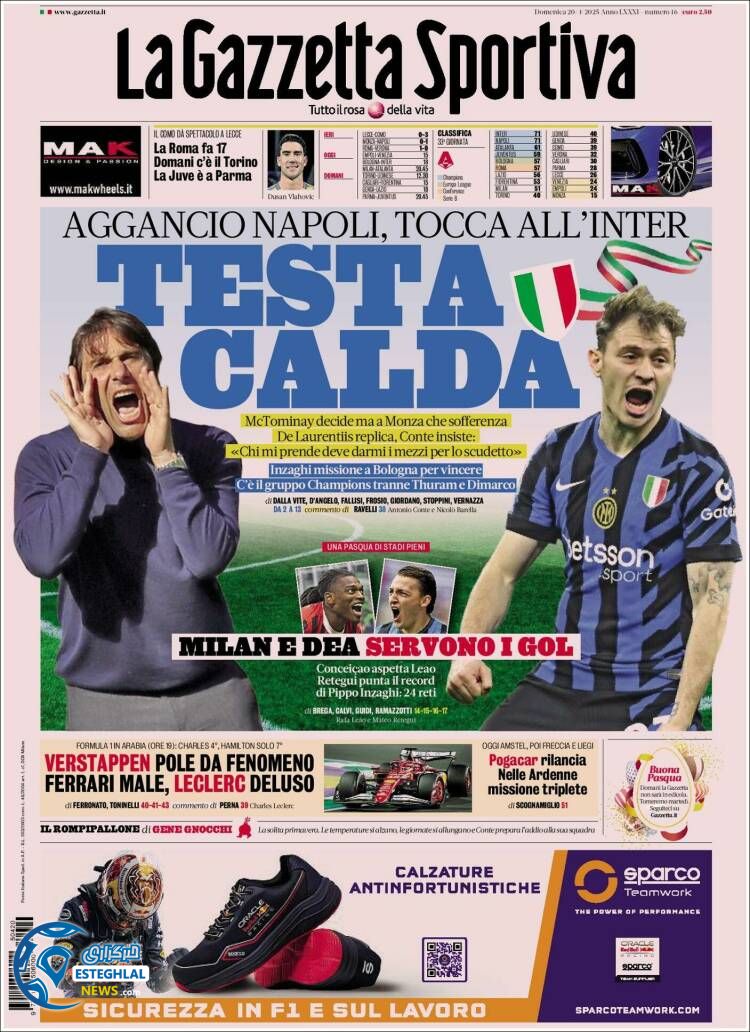 روزنامه  ورزشی گاتزتا دلو اسپورت دوشنبه 1 اردیبهشت 1404  