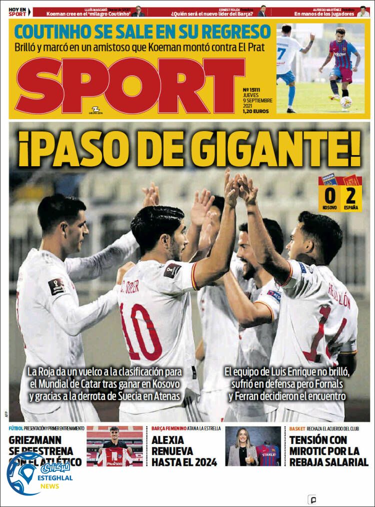 روزنامه ورزشی اسپورت پنجشنبه 18 شهریور 1400