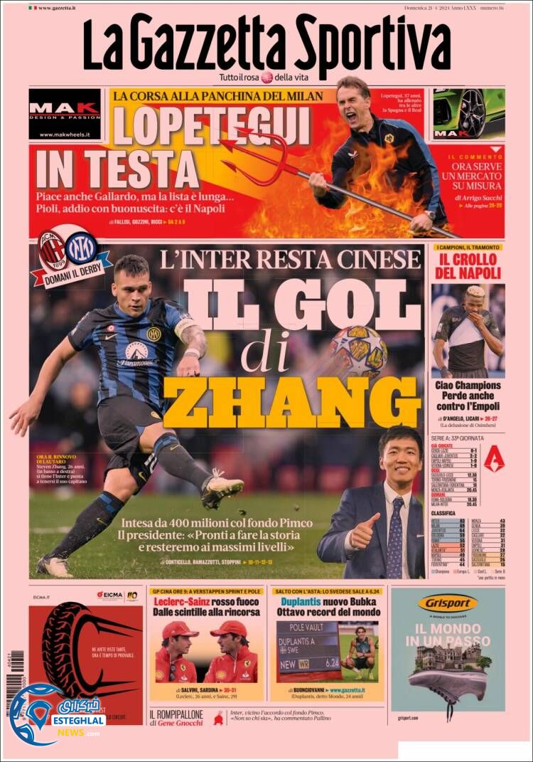 روزنامه ورزشی گاتزتا دلو اسپورت یکشنبه 2 اردیبهشت 1403 