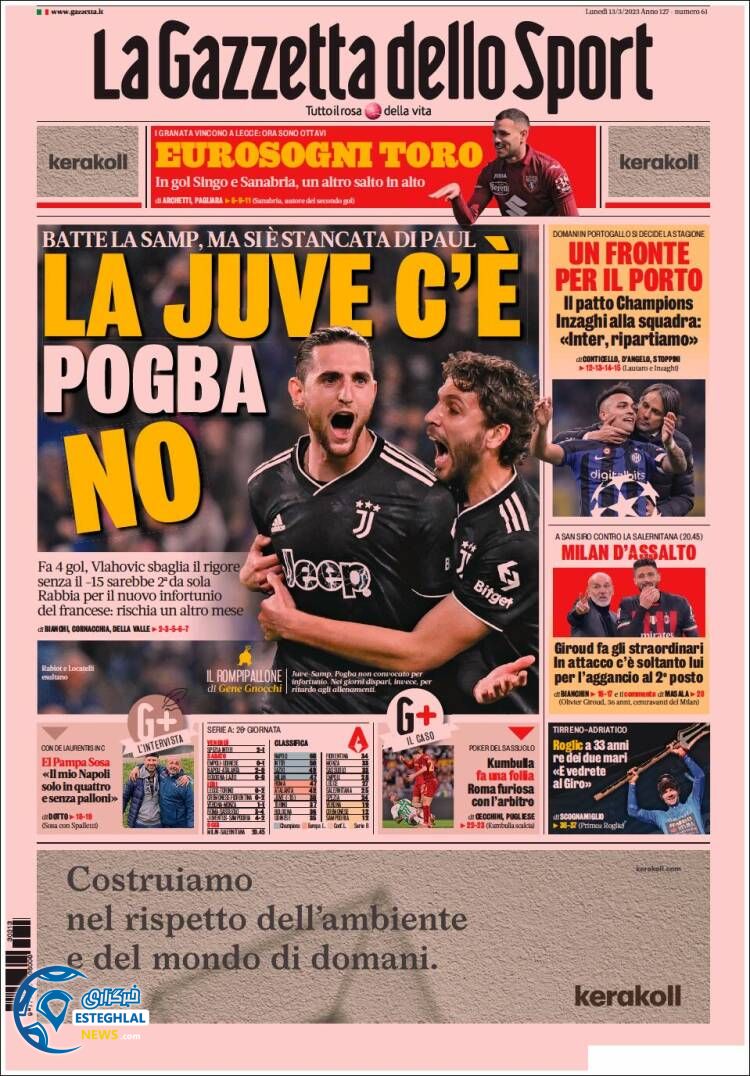 روزنامه ورزشی گاتزتا دلو اسپورت دوشنبه 22 اسفند 1401 