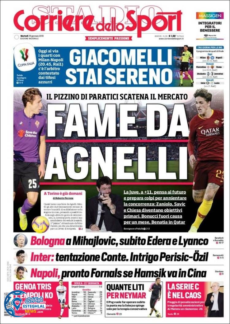 روزنامه ورزشی کوریره دلو اسپورت سه شنبه 9 بهمن 1397