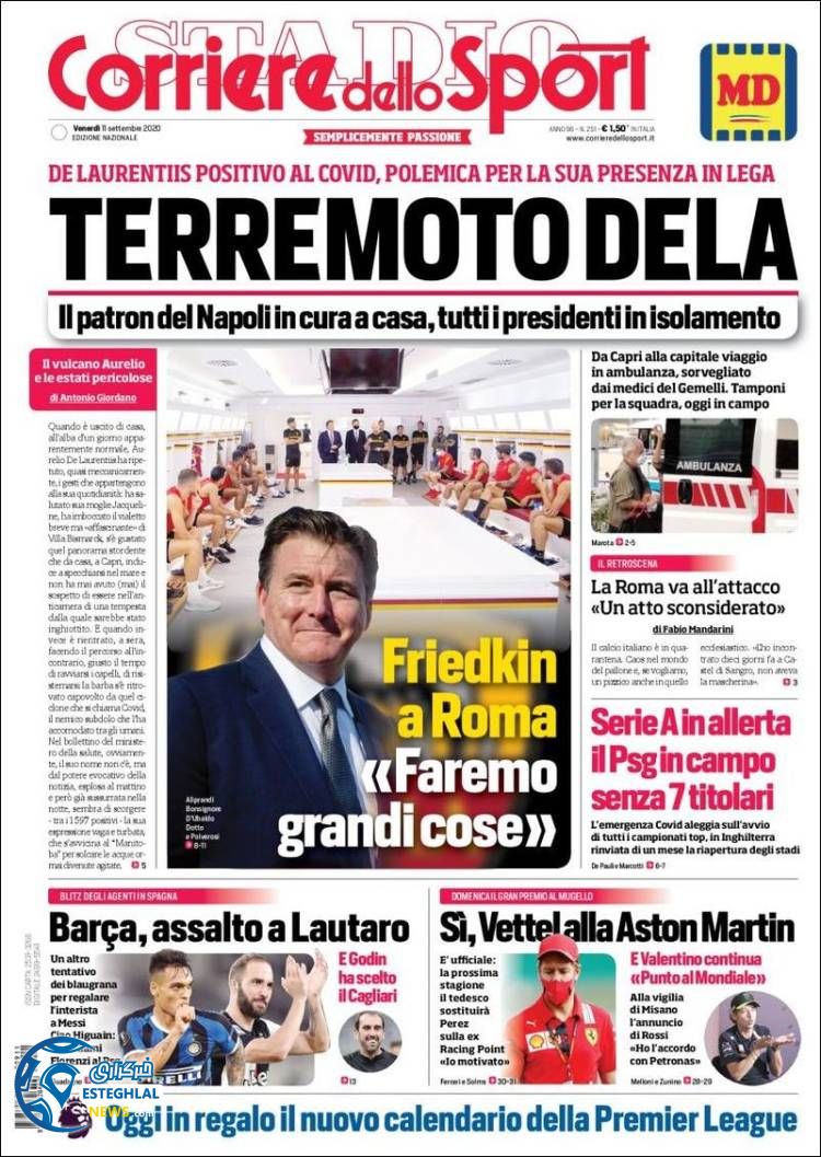 روزنامه ورزشی کوریره دلو اسپورت جمعه 21 شهریور 1399