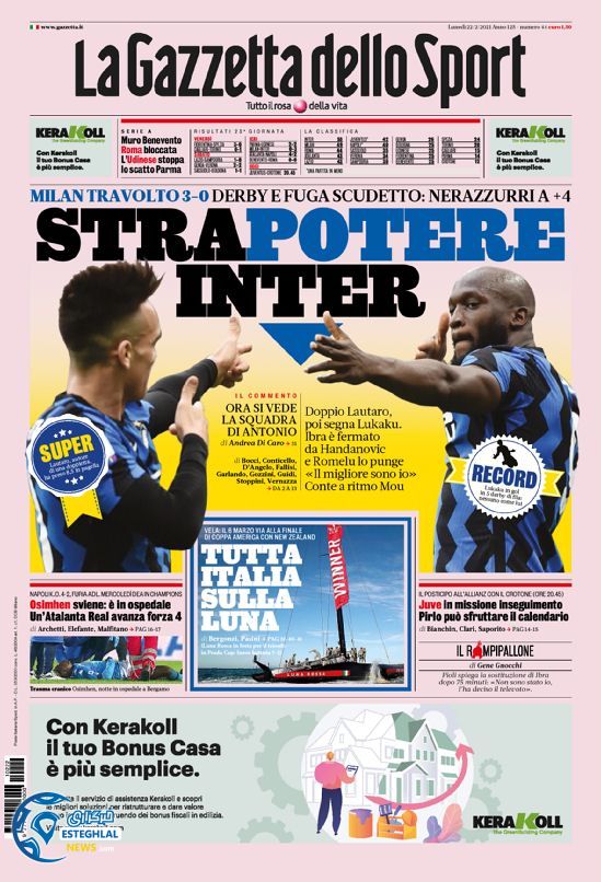 روزنامه ورزشی گاتزتا دلو اسپورت دوشنبه 4 اسفند 1399