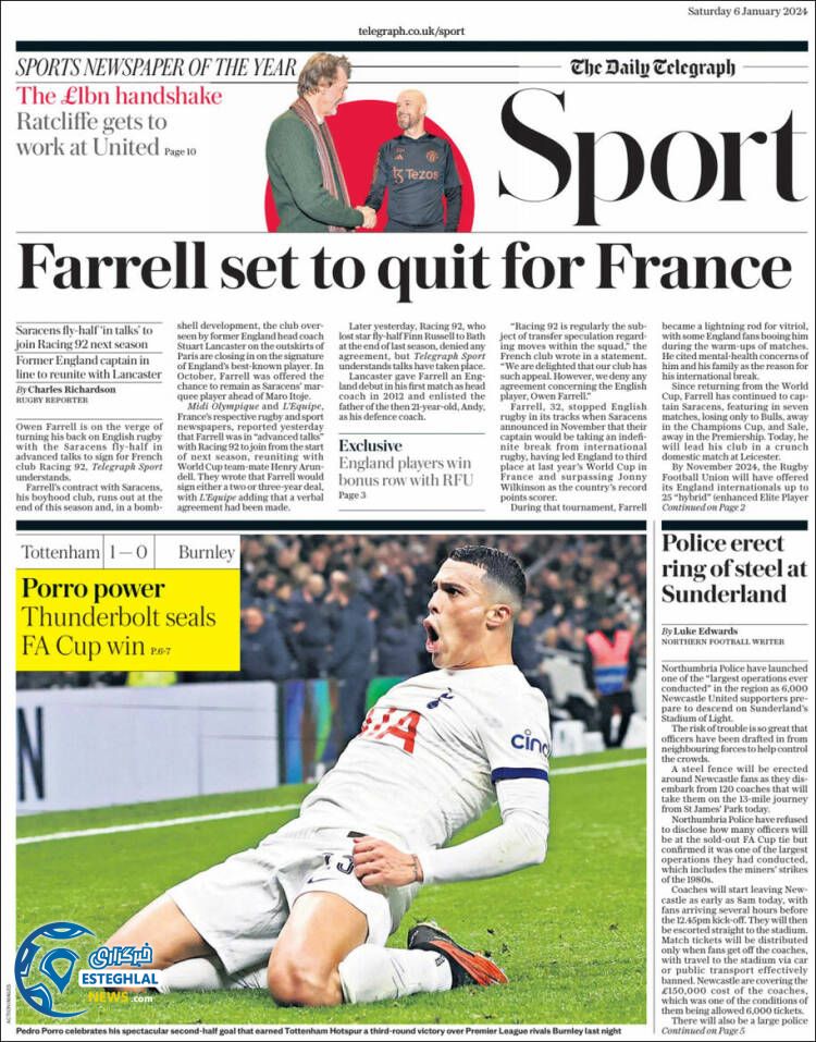 روزنامه ورزشی تلگراف اسپورت شنبه 16 دی 1402 