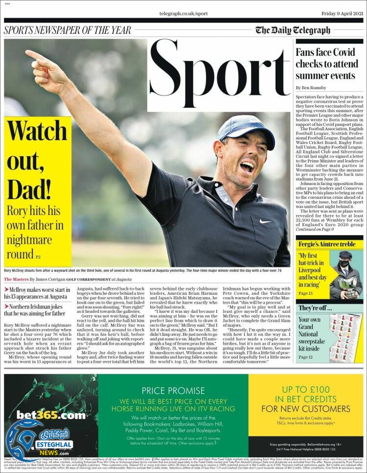 روزنامه ورزشی تلگراف اسپورت جمعه 20 فروردین 1400