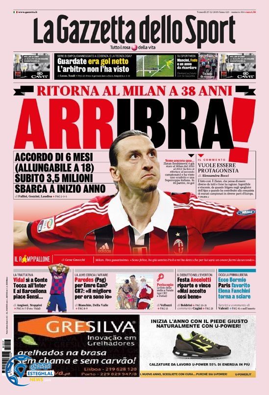 روزنامه ورزشی گاتزتا دلو اسپورت جمعه 6 دی 1398