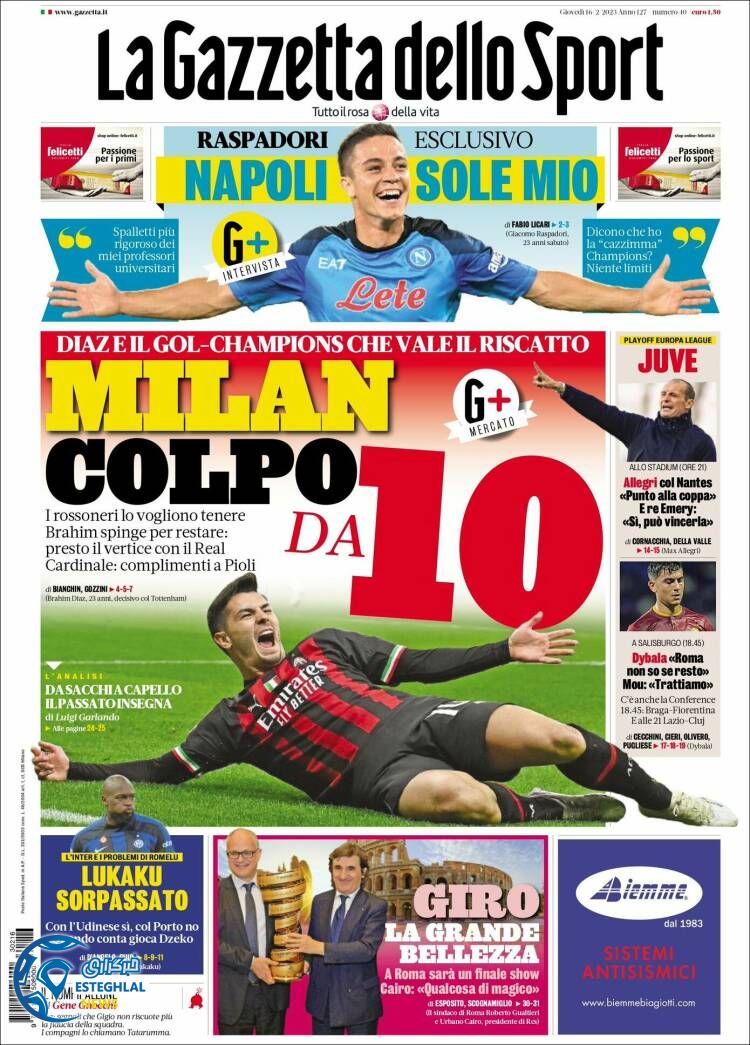 روزنامه ورزشی گاتزتا دلو اسپورت پنجشنبه 27 بهمن 1401 