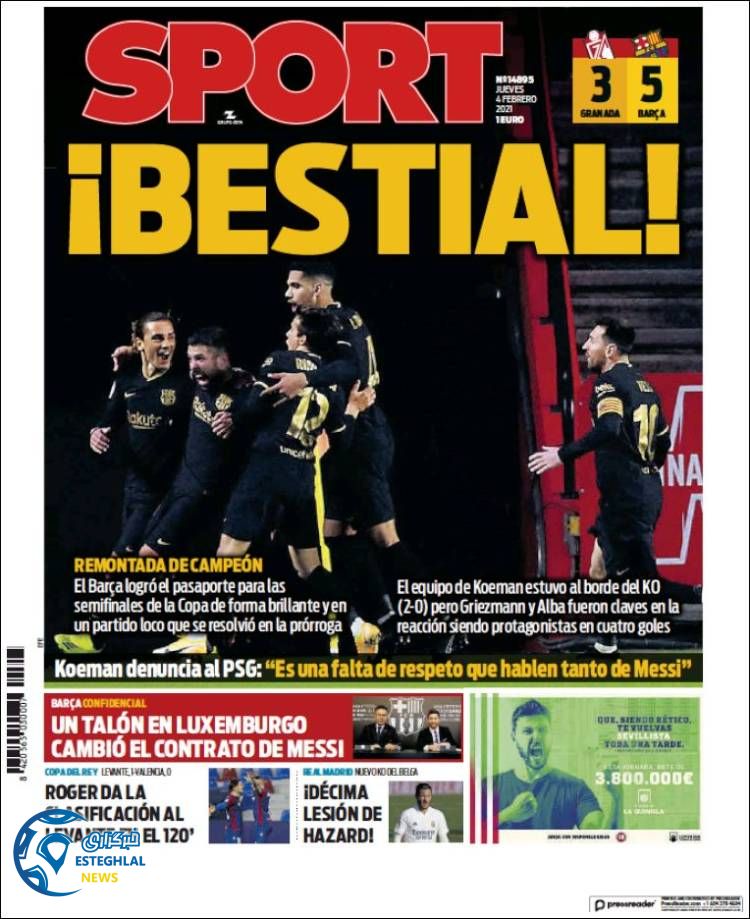 روزنامه ورزشی اسپورت پنجشنبه 16 بهمن 1399