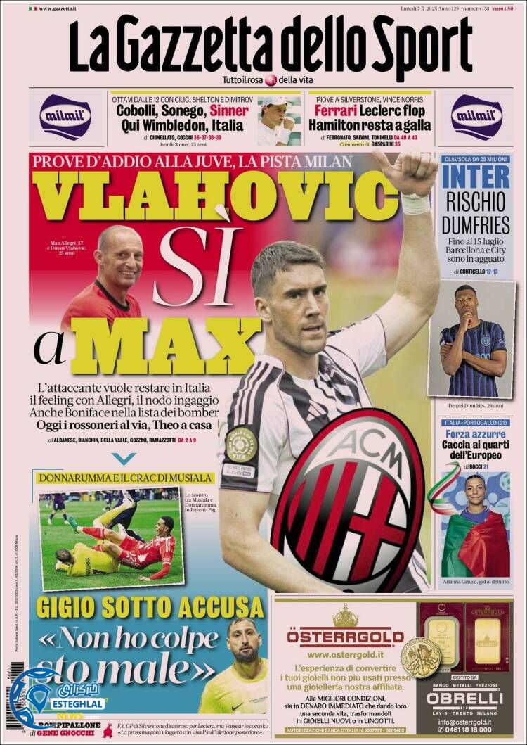 روزنامه ورزشی گاتزتا دلو اسپورت دوشنبه 16 تیر 1404  