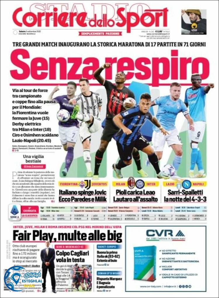 روزنامه ورزشی کوریره دلو اسپورت اسپورت شنبه 12 شهریور 1401 