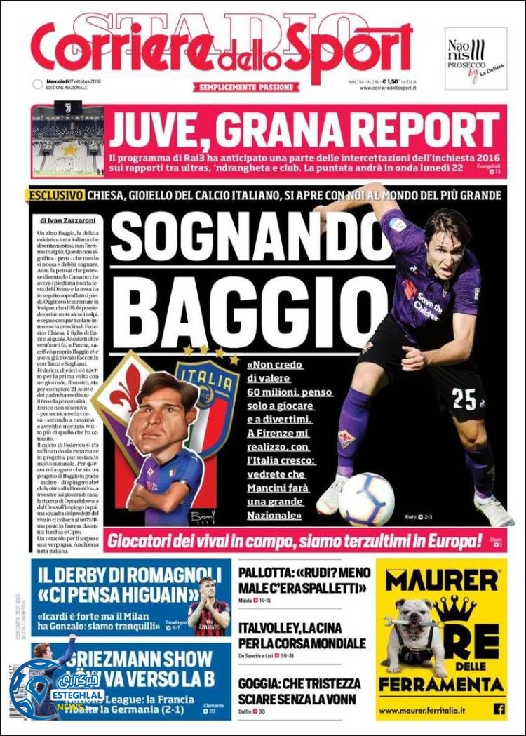 روزنامه ورزشی کوریره دلو اسپورت چهارشنبه 25 مهر 1397