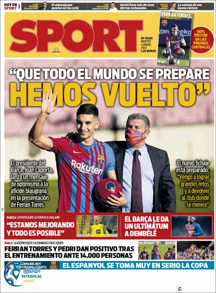 روزنامه ورزشی اسپورت سه شنبه 14 دی 1400