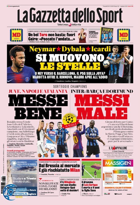 روزنامه ورزشی گاتزتا دلو اسپورت جمعه 8 شهریور 1398