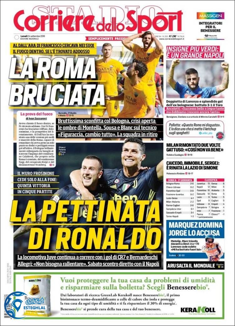 روزنامه ورزشی کوریره دلو اسپورت دوشنبه 2 مهر 1397