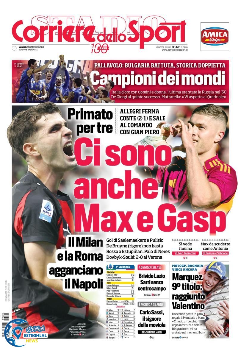 روزنامه  ورزشی کوریره دلو اسپورت دوشنبه 7 مهر 1404  