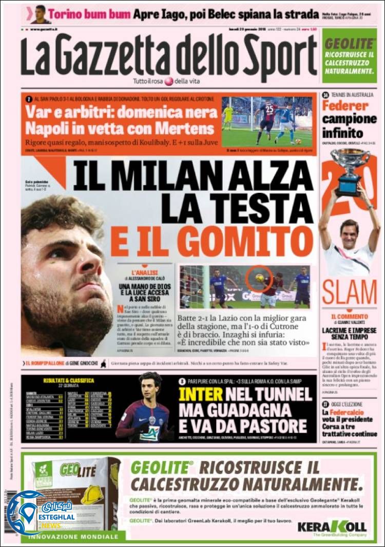 روزنامه ورزشی گاتزتا دلو اسپورت دوشنبه 9 بهمن 1396