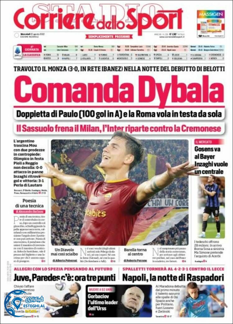 روزنامه ورزشی کوریره دلو اسپورت چهارشنبه 9 شهریور 1401