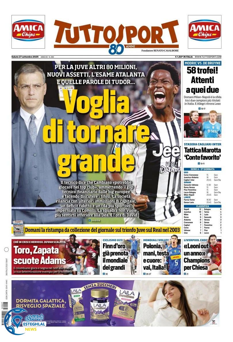 روزنامه  ورزشی توتو اسپورت شنبه 5 مهر 1404 