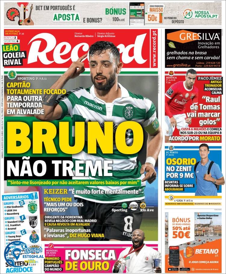 روزنامه ورزشی رکورد شنبه 9 شهریور 1398