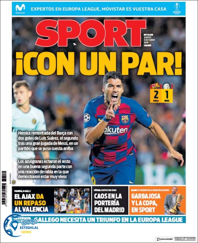 روزنامه ورزشی اسپورت پنجشنبه 11 مهر 1398