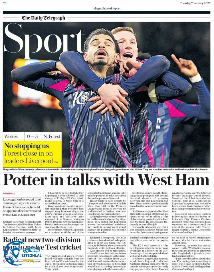 روزنامه  ورزشی تلگراف اسپورت سه شنبه 18 دی 1403 