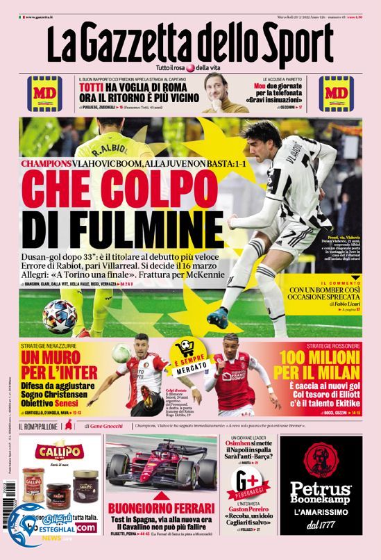 روزنامه ورزشی گاتزتا دلو اسپورت چهارشنبه 4 اسفند 1400